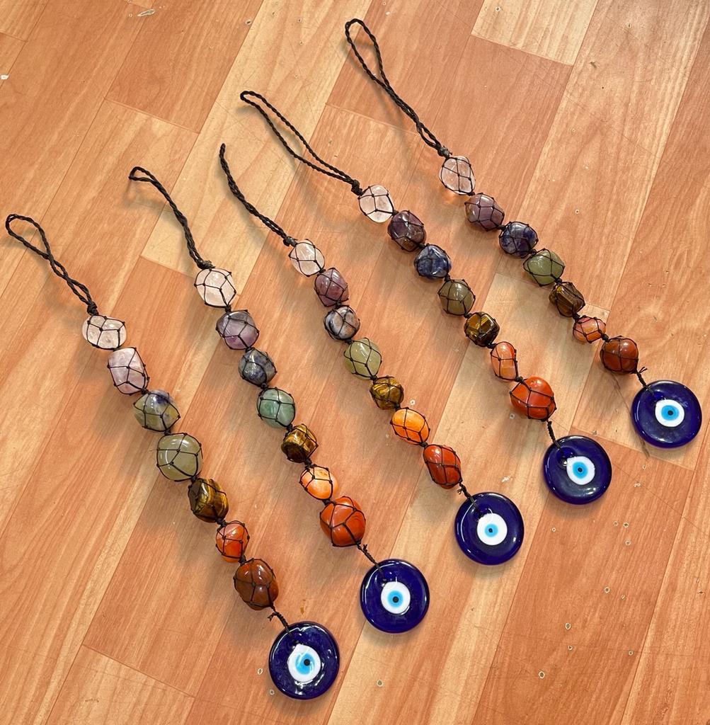 Sevan Chakra Tumble Stone Hanging With Evil Eye Natural With Certified